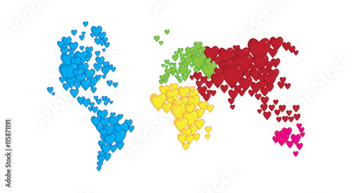 world map in shapes of heart, concept of love and peace