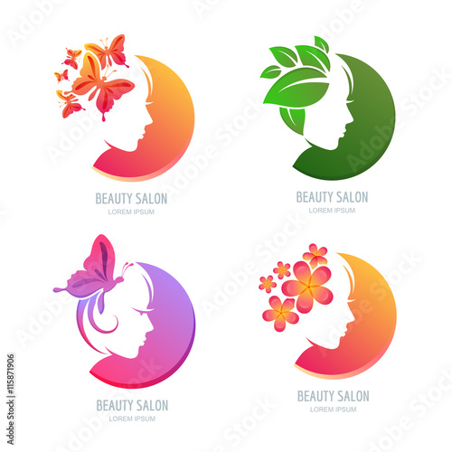 Vector Beauty Logo Label Set Female Face In Circle Shape Woman With Butterflies Flowers And Leaves In Hair Design Elements For Beauty Salon Massage Spa Natural Care Cosmetics Stock Vector Adobe