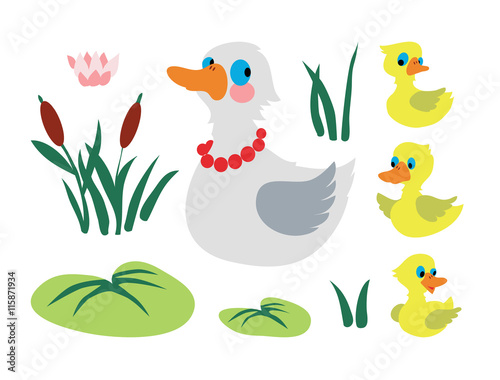 Set of mother duck with three baby ducks