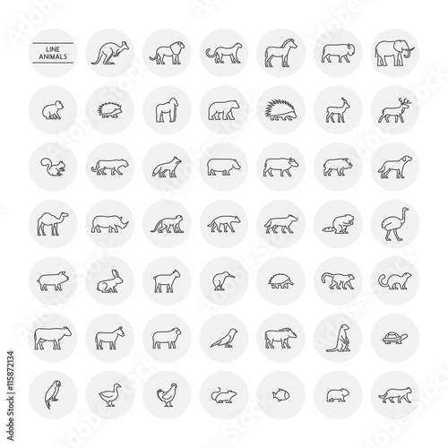 Line set silhouettes of farm, forest and wild animals.