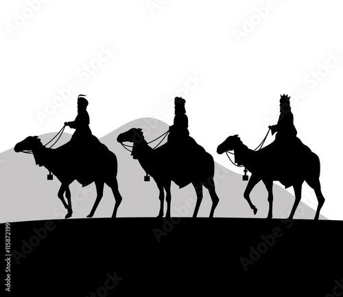 Merry Christmas and holy family concept represented by three wise men on camels icon. Silhouette and flat illustration. photo