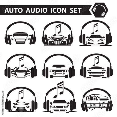 collection of nine icons with car radio and headphones