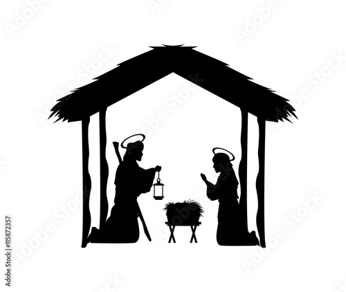 Merry Christmas and holy family concept represented by joseph, maria and jesus icon. Silhouette and flat illustration.