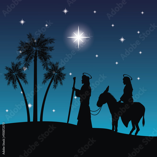 Merry Christmas and holy family concept represented by joseph, maria and donkey icon. Silhouette and flat illustration.
