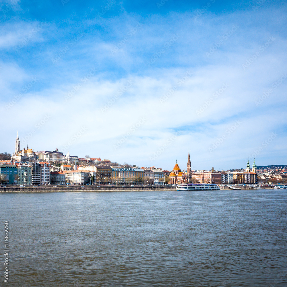 view of historic architectural in Budapest from Danube