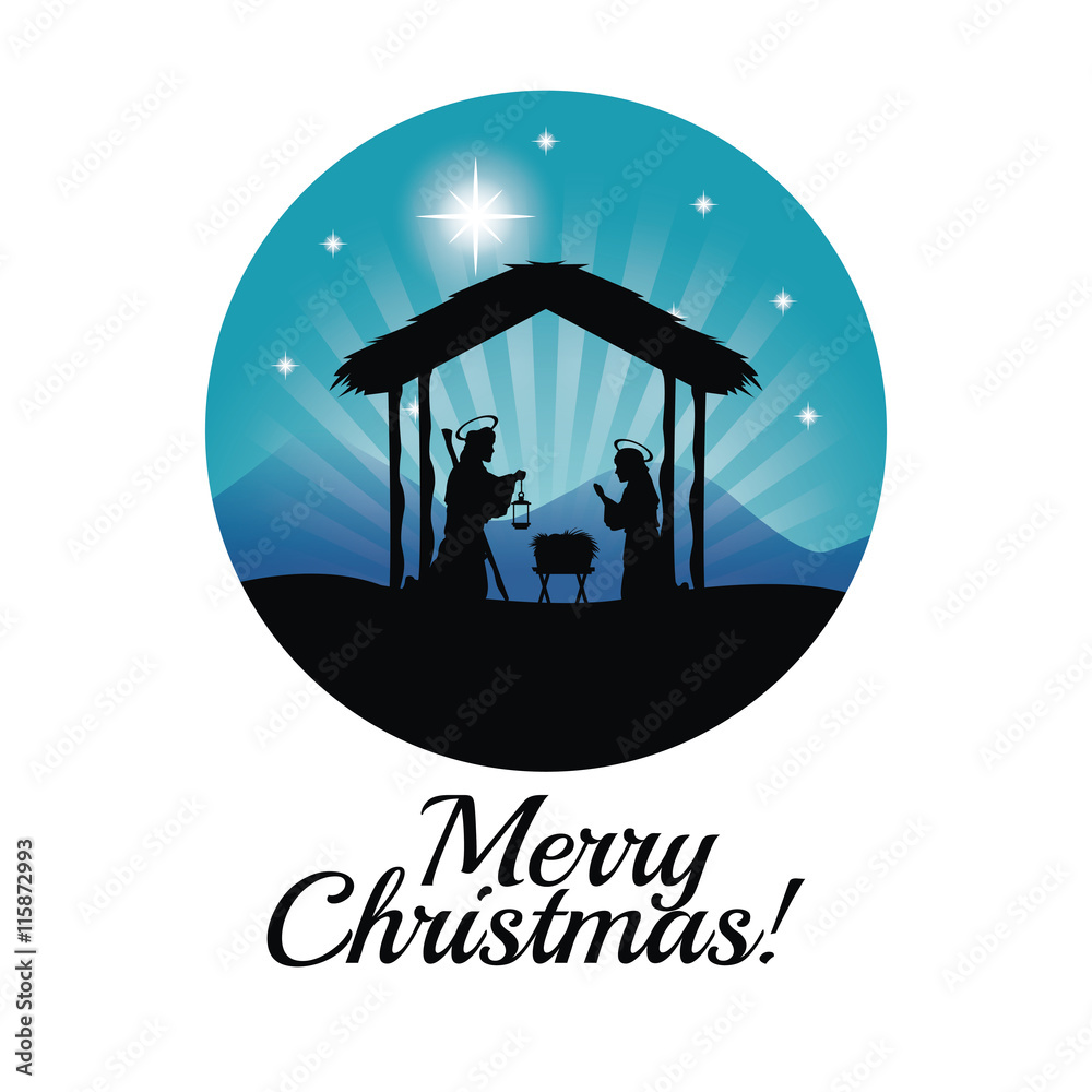 Merry Christmas and holy family concept represented by joseph, maria and jesus icon. Silhouette and flat illustration. - obrazy, fototapety, plakaty 
