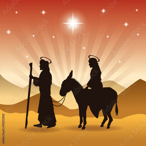 Merry Christmas and holy family concept represented by joseph, maria and donkey icon. Silhouette and flat illustration.