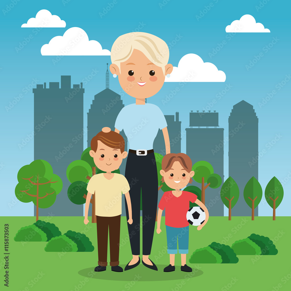 Family cartoon concept represented by mother with kids icon over city landscape. Colorfull illustration Family cartoon concept represented by mother with kids icon over city landscape. Colorfull illustration