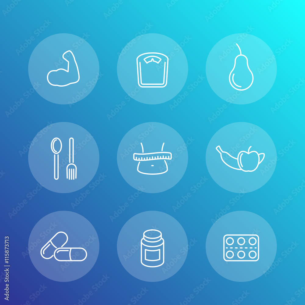 Diet, nutrition, dietary supplements transparent linear icons set Diet, nutrition, dietary supplements transparent linear icons set