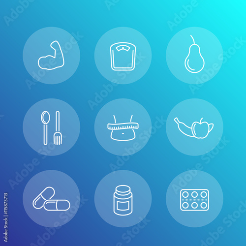 Diet, nutrition, dietary supplements transparent linear icons set