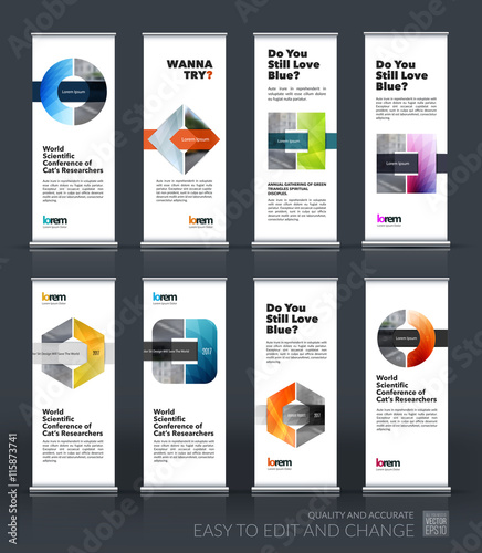 Vector set of modern roll up banner stand design with geometric 
