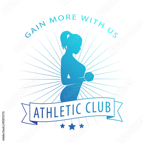 gain more with us, badge with posing athletic girl, fitness logo on white, vector illustration