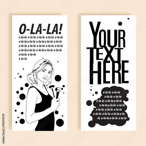 vector illustration of a woman holding makeup brush in her hand . template copy space for text