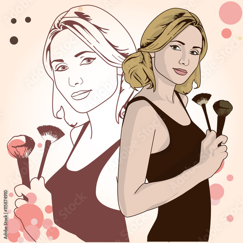 vector illustration of a woman holding makeup brush in her hand . template copy space for text