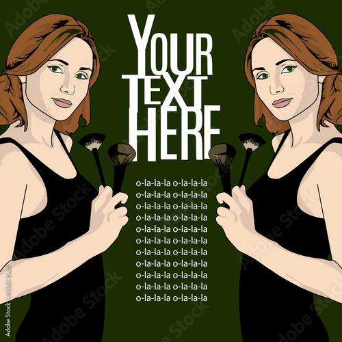 vector illustration of a woman holding makeup brush in her hand . template copy space for text