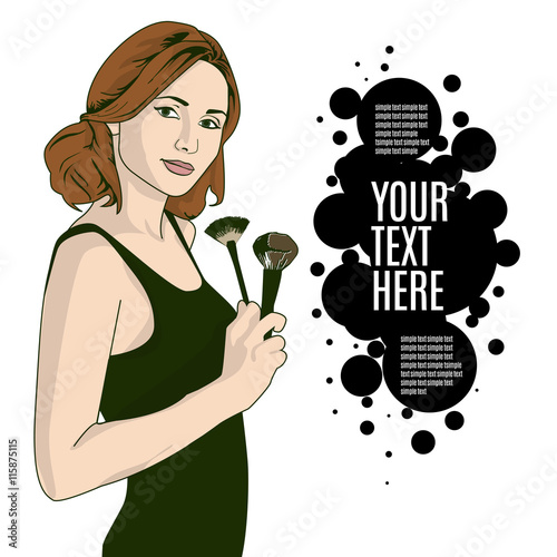 vector illustration of a woman holding makeup brush in her hand . template copy space for text