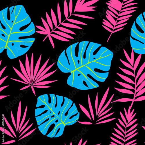 Blue and pink tropical leaves on a geometric background. Vector seamless pattern