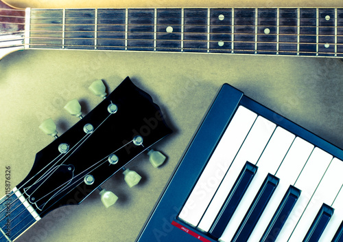 Electric guitar and keyboard  musical close-up  isoled photo