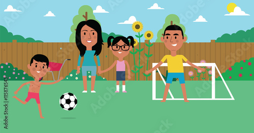 Illustration Of Family Playing Soccer In Garden Together