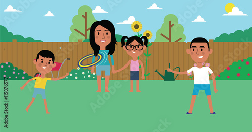 Illustration Of Family Playing With Frisbee In Garden