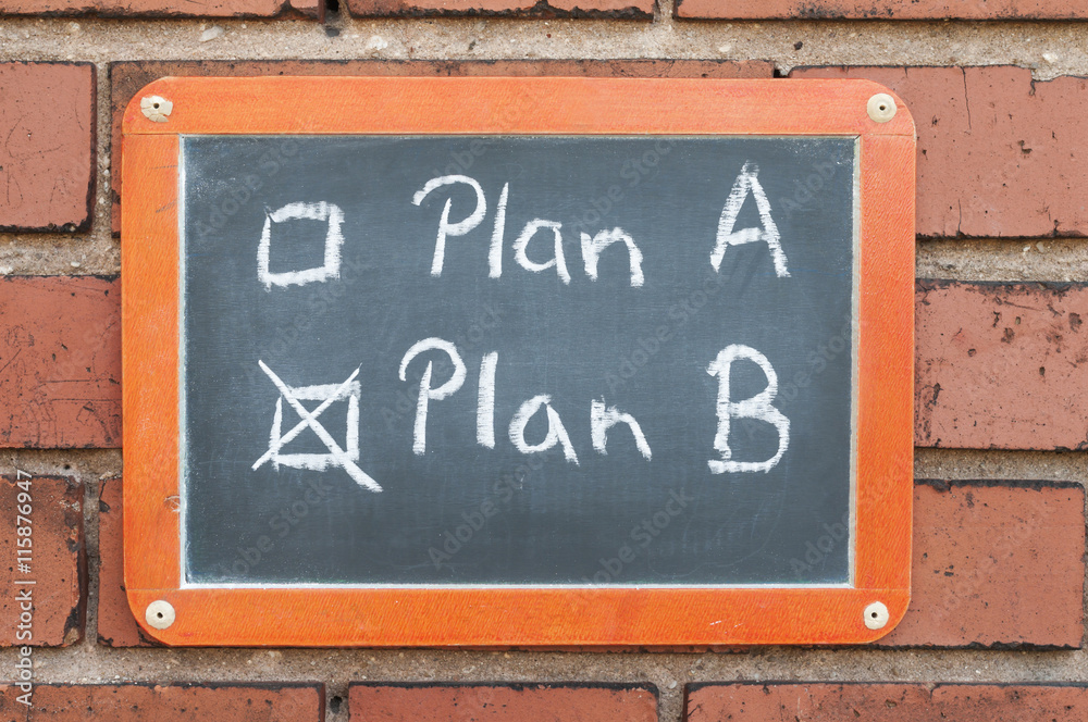 Tafel an einer Ziegelwand mit Text / Tafel an einer Ziegelwand mit Text Plan A, Plan B. Tafel an einer Ziegelwand mit Text / Tafel an einer Ziegelwand mit Text Plan A, Plan B.