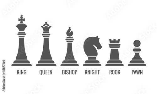 Named chess piece vector. Icons set of chess figures queen and king, illustration rook pawn and knight for chess