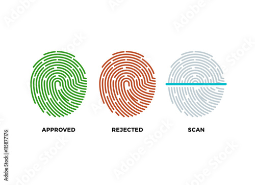 Fingerprint thumbprint vector icons set. Approved, rejected and scan symbols. Approved person with fingerprint, identification with thumbprint or fingerprint