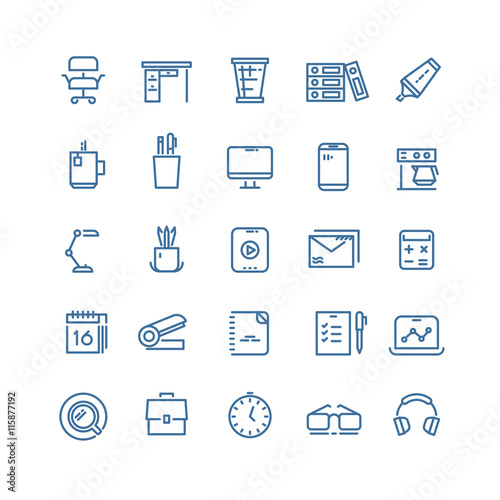 Office workspace thin line vector icons. Clock and office desk, calendar and briefcase linear icons for website and mobile app
