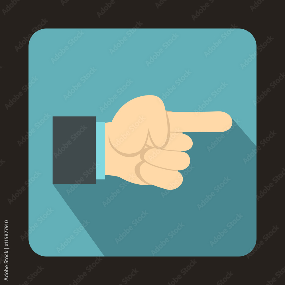 Pointing hand gesture icon in flat style on a baby blue background Pointing hand gesture icon in flat style on a baby blue background