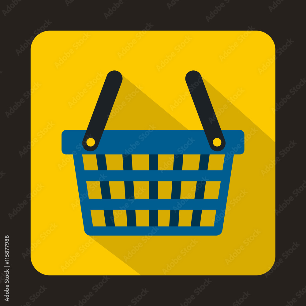 Fototapeta premium Blue shopping basket icon in flat style on a yellow background