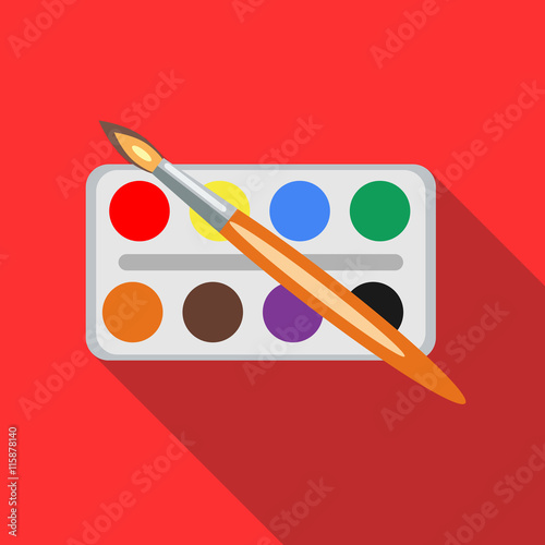 Watercolors and paintbrush icon in flat style on a red background