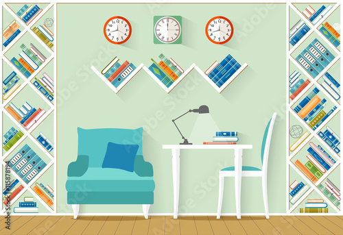Interior design with furniture, shelves, books in flat style. The office, home library, study room. Vector illustration. 
