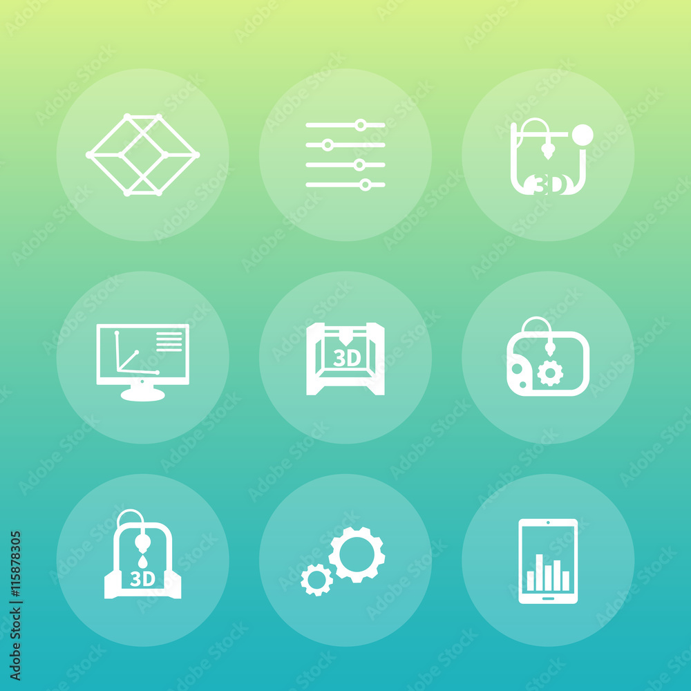 3d printer round icons, additive manufacturing