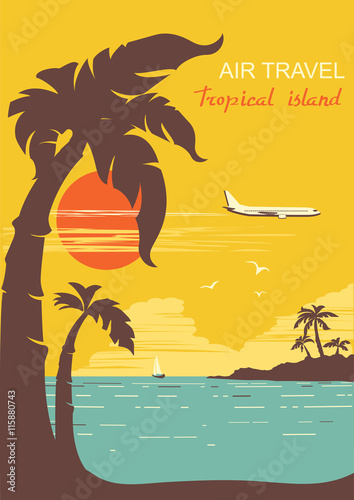 airplane flying on tropical paradise.Vector summer sun poster
