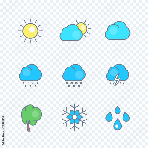 Weather line icons with color filling, rain, snowflake, hail, wind, sun, snow, clouds, isolated pictograms for forecast