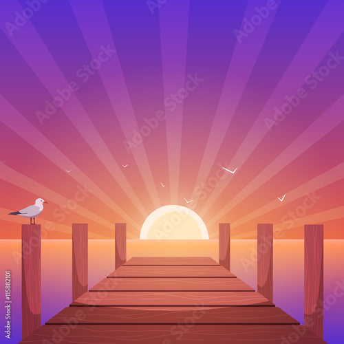 Cartoon illustration of the wooden pier with seagull at sunset time.