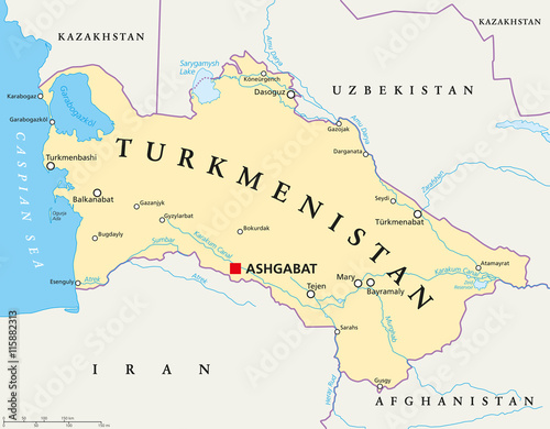 Turkmenistan political map with capital Ashgabat, national borders, important cities, rivers and lakes. Country in Central Asia. English labeling. Illustration.