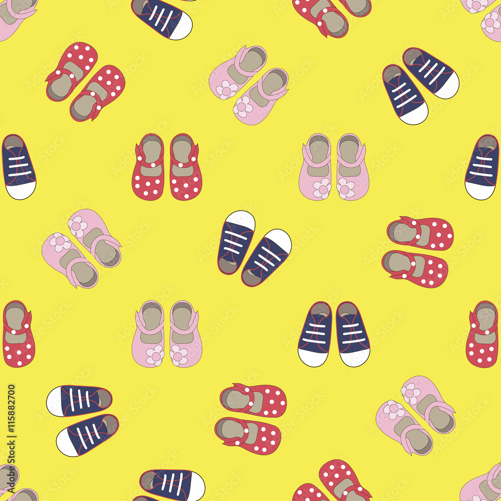 Kids seamless pattern with colored shoes on yellow background