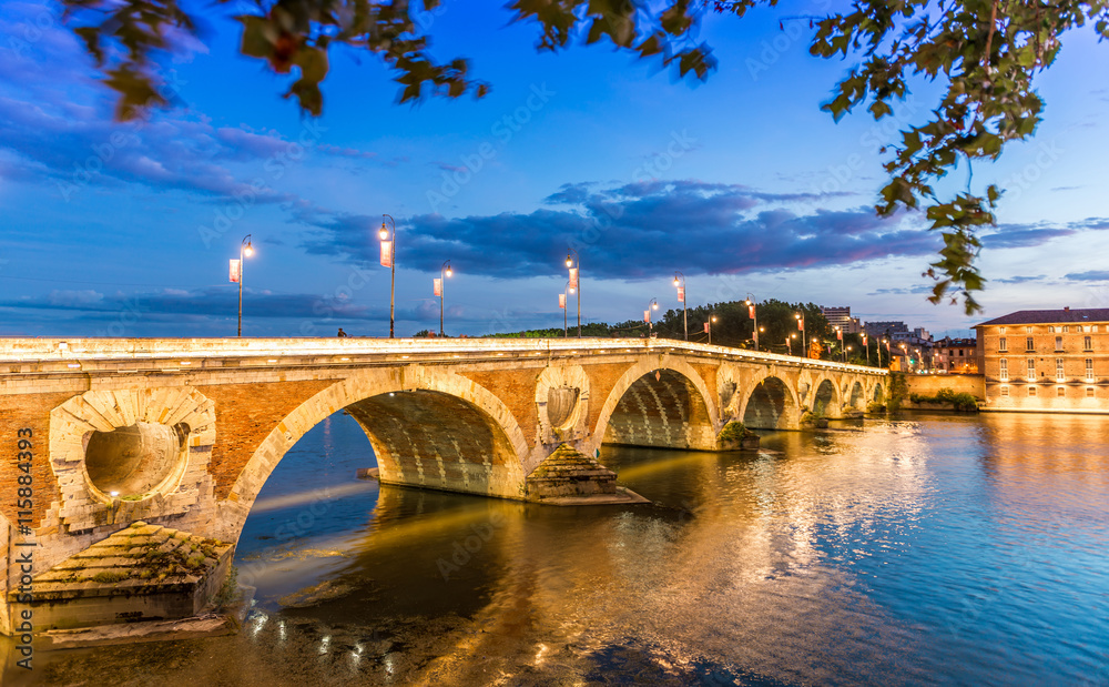Pont Neuf à Toulouse la nuit en Occitanie, France