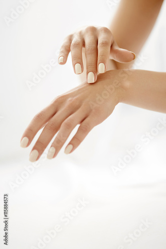 Hand Skin Care. Closeup Of Beautiful Woman Hands With Manicure