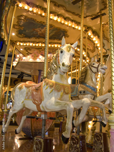 An old fashioned carousel at night. Detail of two horses