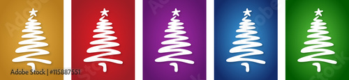 Weihnachtskarten-Set: Eingeschneiter Weihnachtsbaum mit ein paar schnellen Linien locker skizziert / gold-gelb, rot, violett, blau, grün, Vektor photo