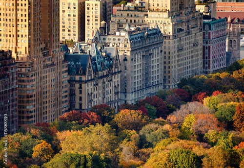 Afternoon light on Central Park's treetops and New York City buildings. Upper West Side building facades and tree colors lit by the autumn sun photo