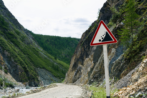 Landslide road sign in the mountains 