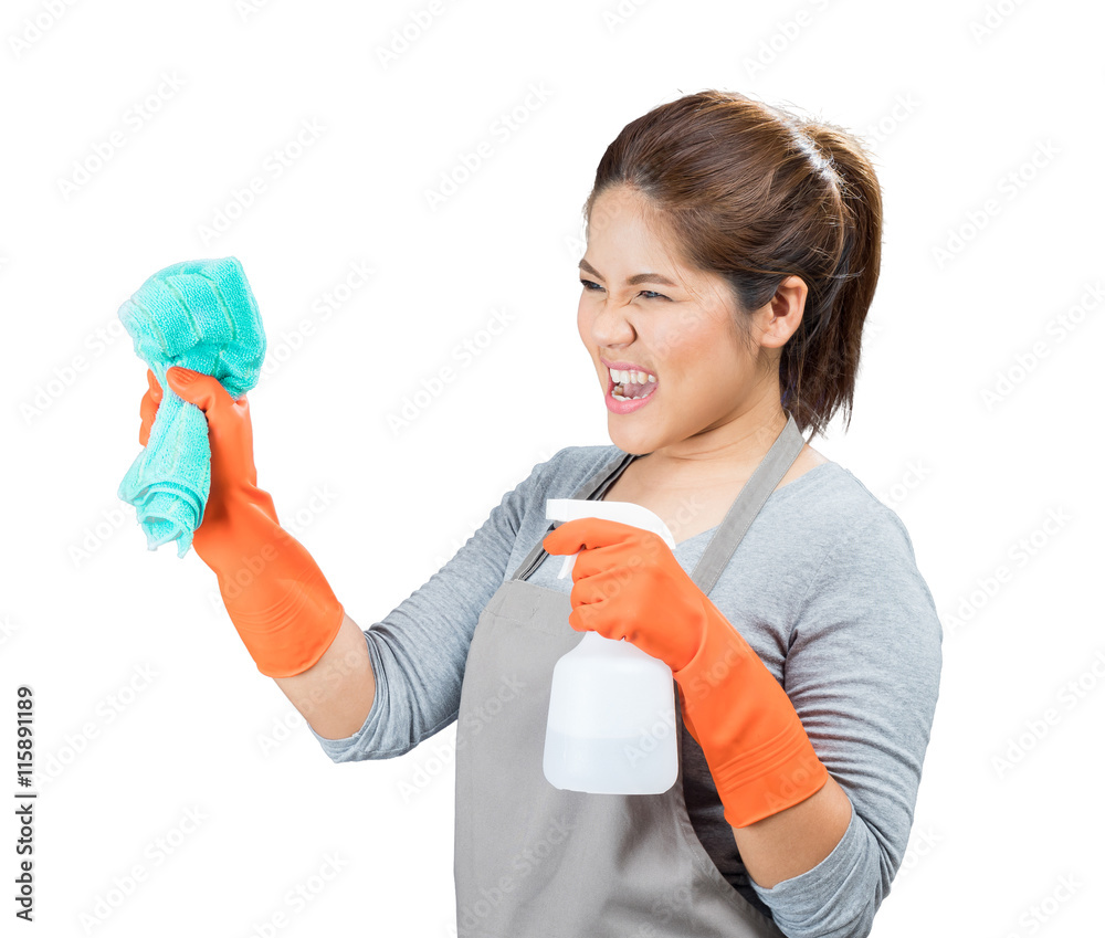 asian housewife holding spray bottle and rag fighting with dirty asian housewife holding spray bottle and rag fighting with dirty