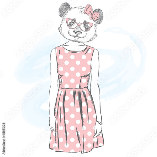 Fototapeta Naklejka Na Ścianę i Meble -  Panda in a dress . Bear with the human body . Vector illustration.
