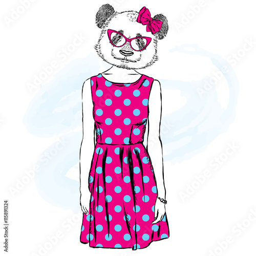 Fototapeta Naklejka Na Ścianę i Meble -  Panda in a dress . Bear with the human body . Vector illustration.
