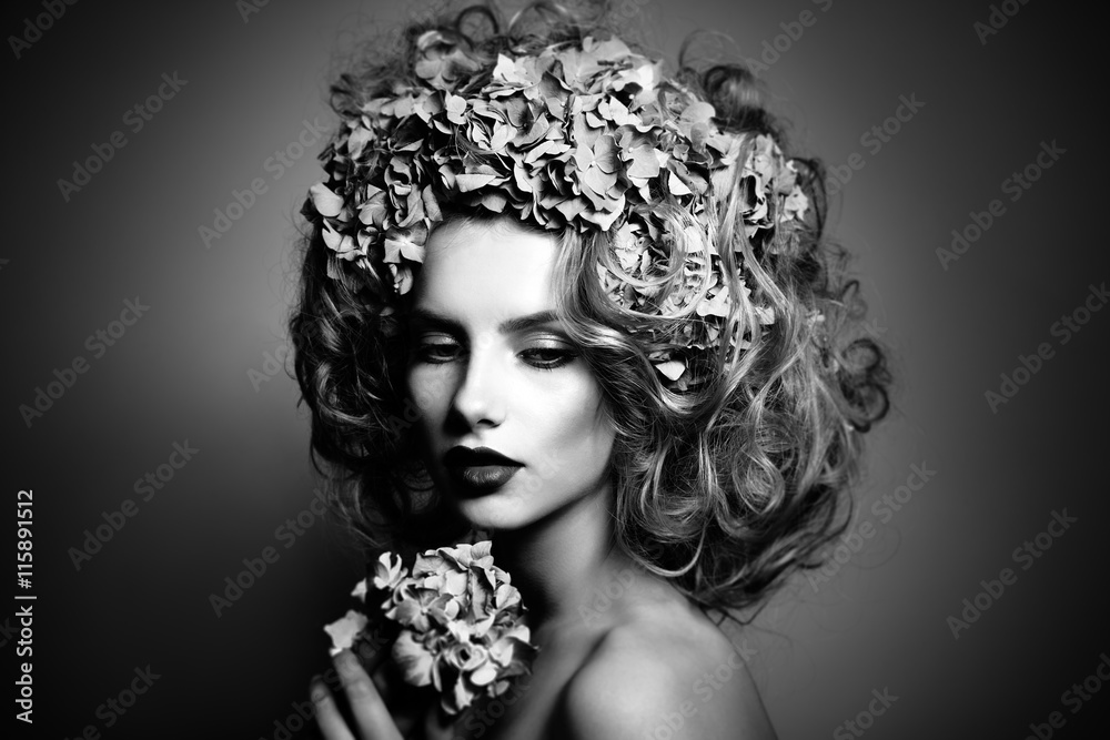 beautiful woman with flower crown from hydrangea. Black and whit