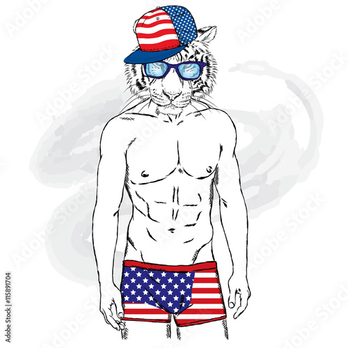 Fototapeta Naklejka Na Ścianę i Meble -  Tiger with a human body in swimming trunks. Vector  for greeting card, poster, or print on clothing and accessories.