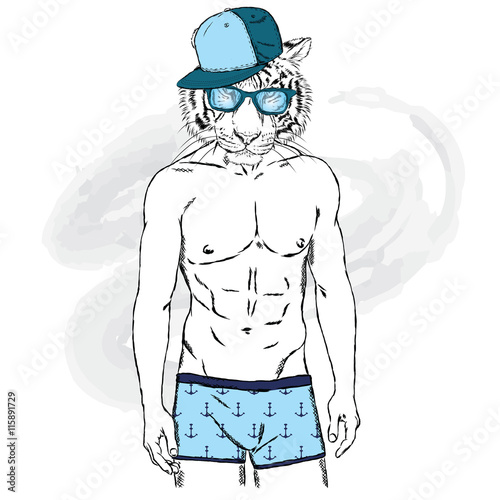 Fototapeta Naklejka Na Ścianę i Meble -  Tiger with a human body in swimming trunks. Vector  for greeting card, poster, or print on clothing and accessories.